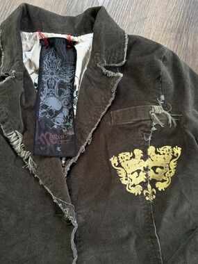 Miss Me Distressed Brown Corduroy Blazer Jacket with Gold Crest
